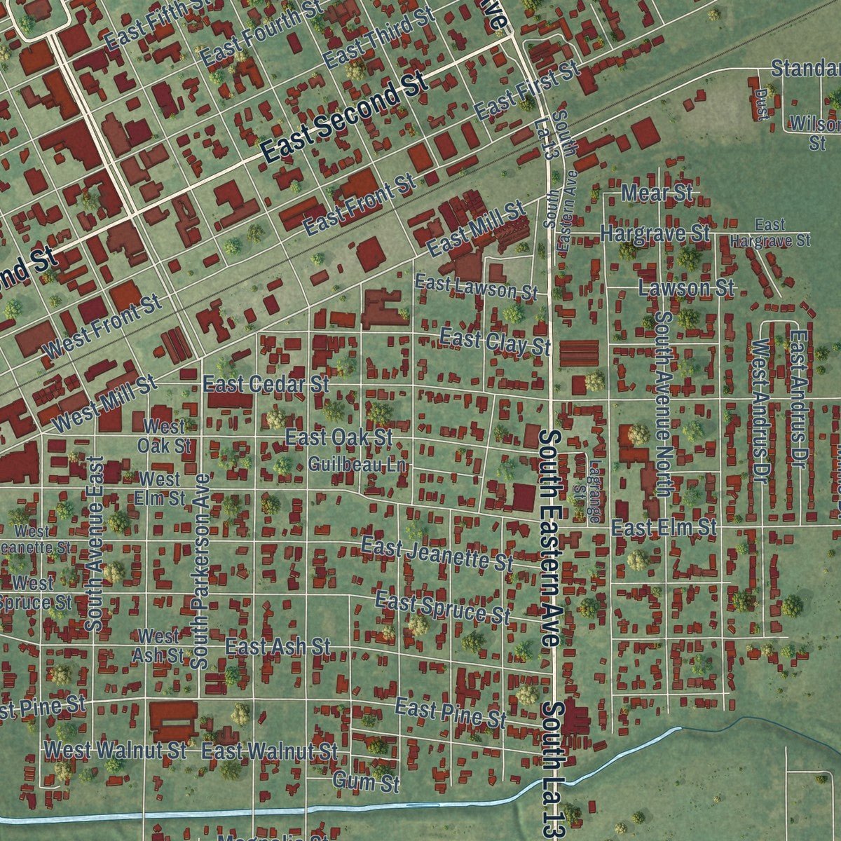 Close-up of the map of Crowley, Louisiana print showing street and building detail