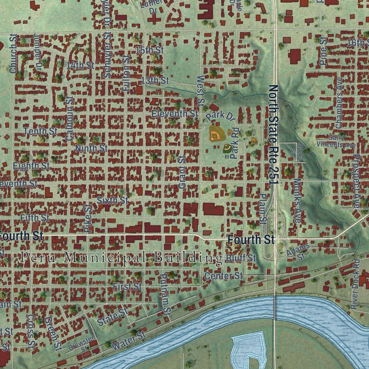 Close-up of the map of Peru, Illinois print showing street and building detail
