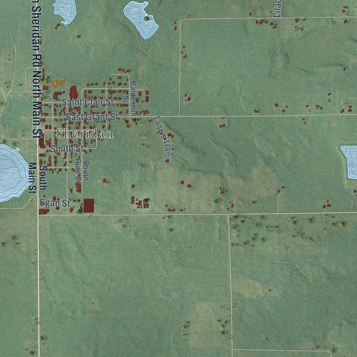 Close-up of the map of Evergreen, Montcalm County, Michigan print showing street and building detail