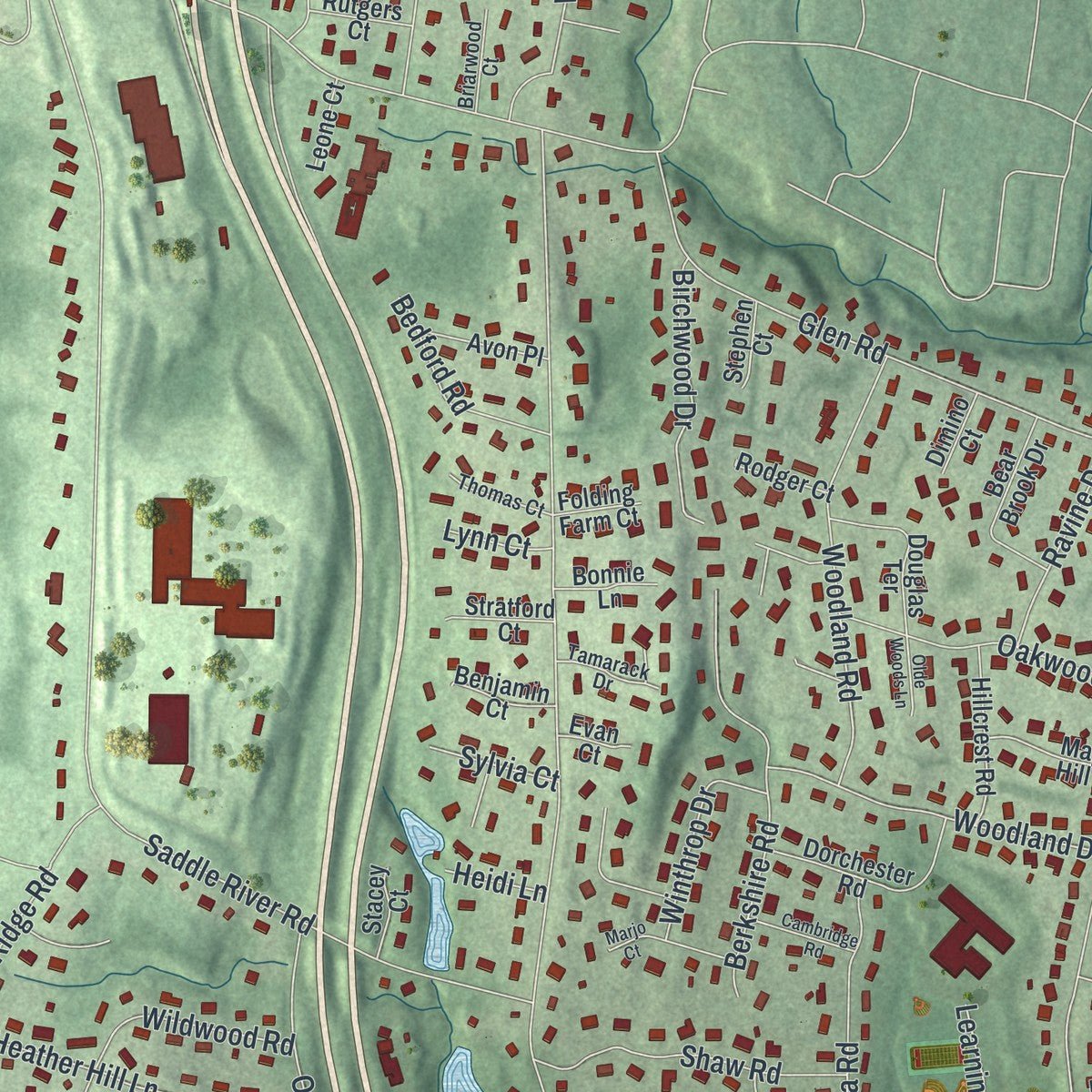 Close-up of the map of Woodcliff Lake, New Jersey print showing street and building detail