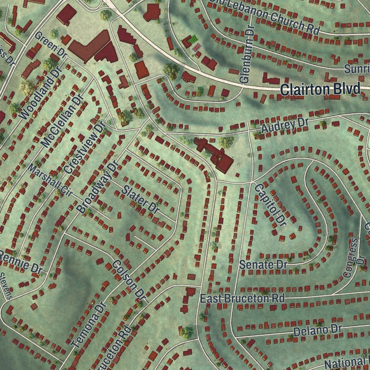 Close-up of the map of Pleasant Hills, Pennsylvania print showing street and building detail