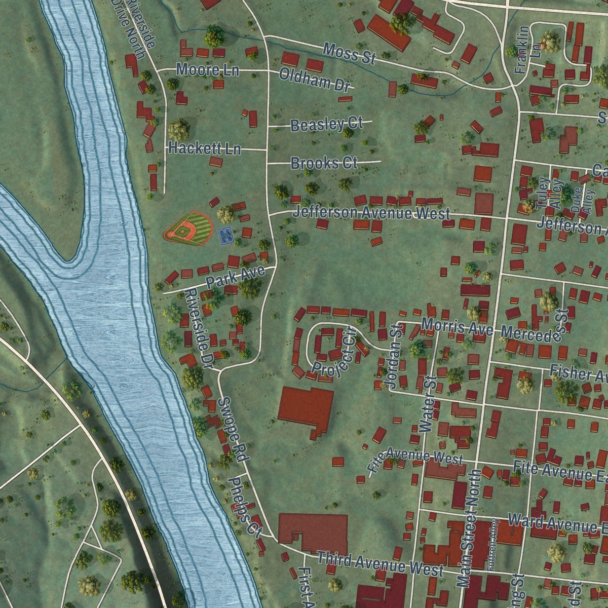 Close-up of the map of Carthage, Tennessee print showing street and building detail