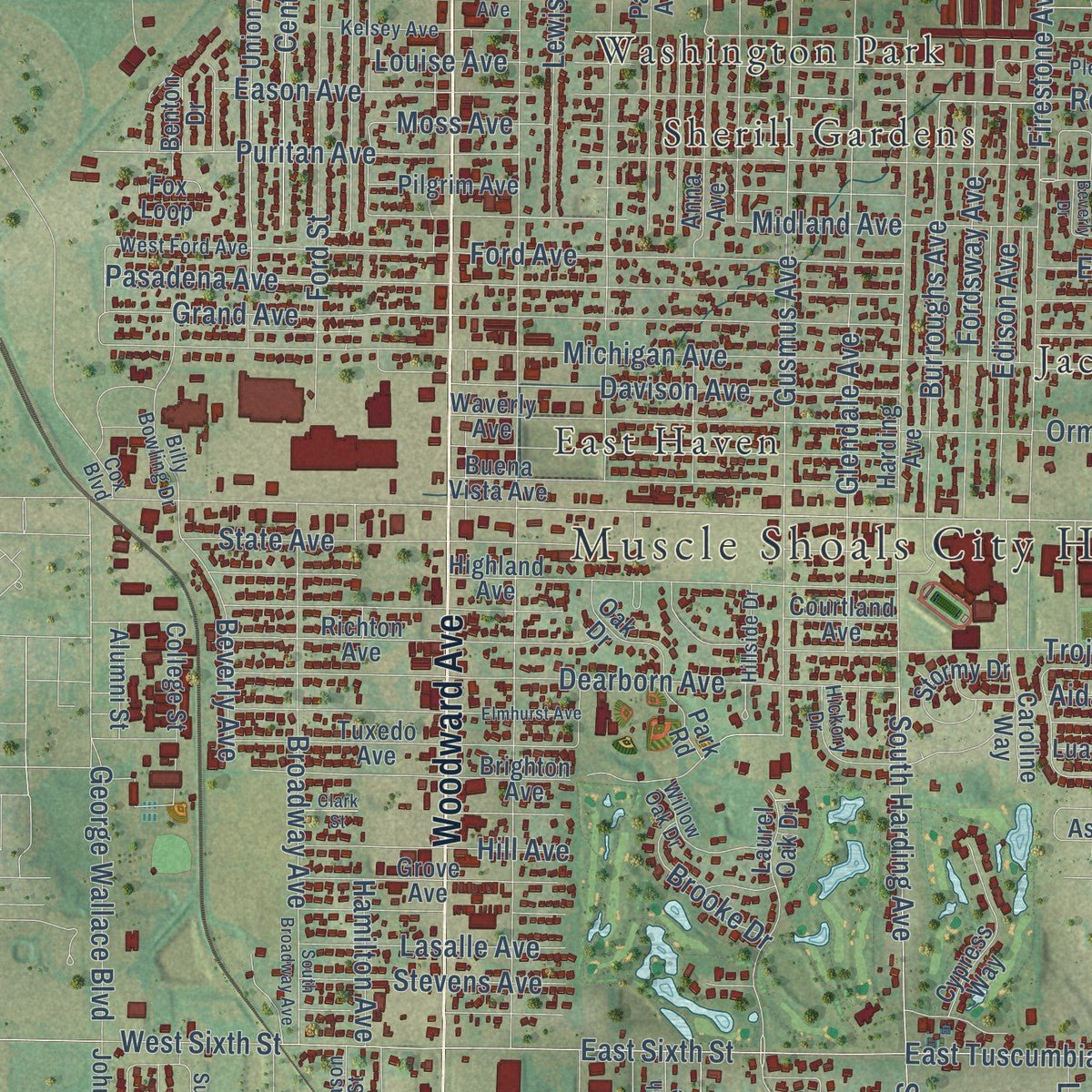 Close-up of the map of Muscle Shoals, Alabama print showing street and building detail