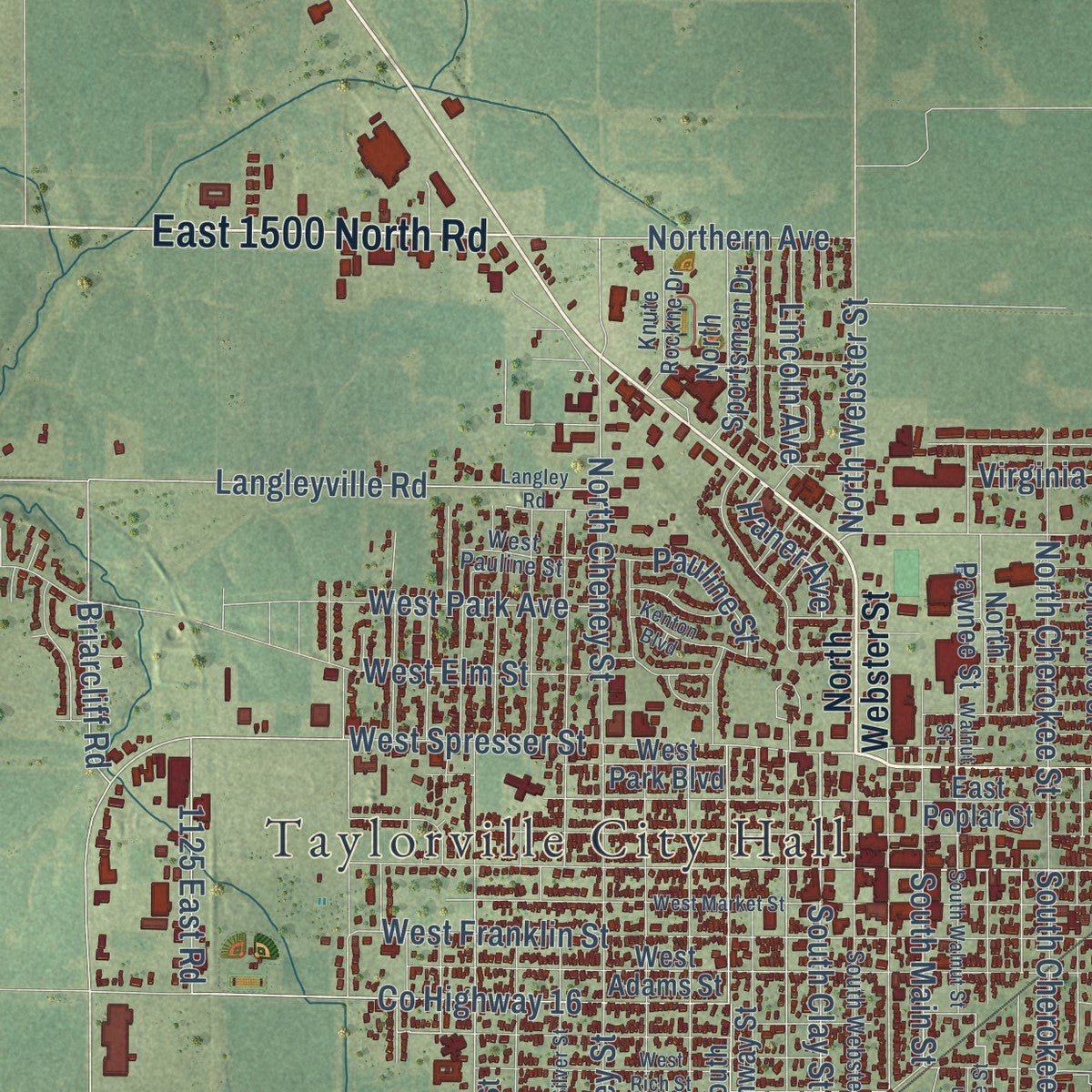 Close-up of the map of Taylorville, Illinois print showing street and building detail