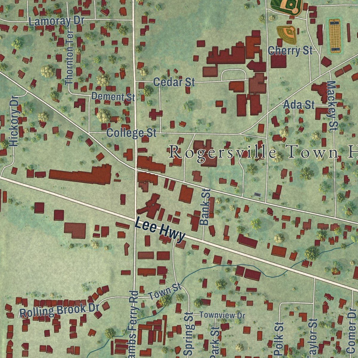 Close-up of the map of Rogersville, Alabama print showing street and building detail