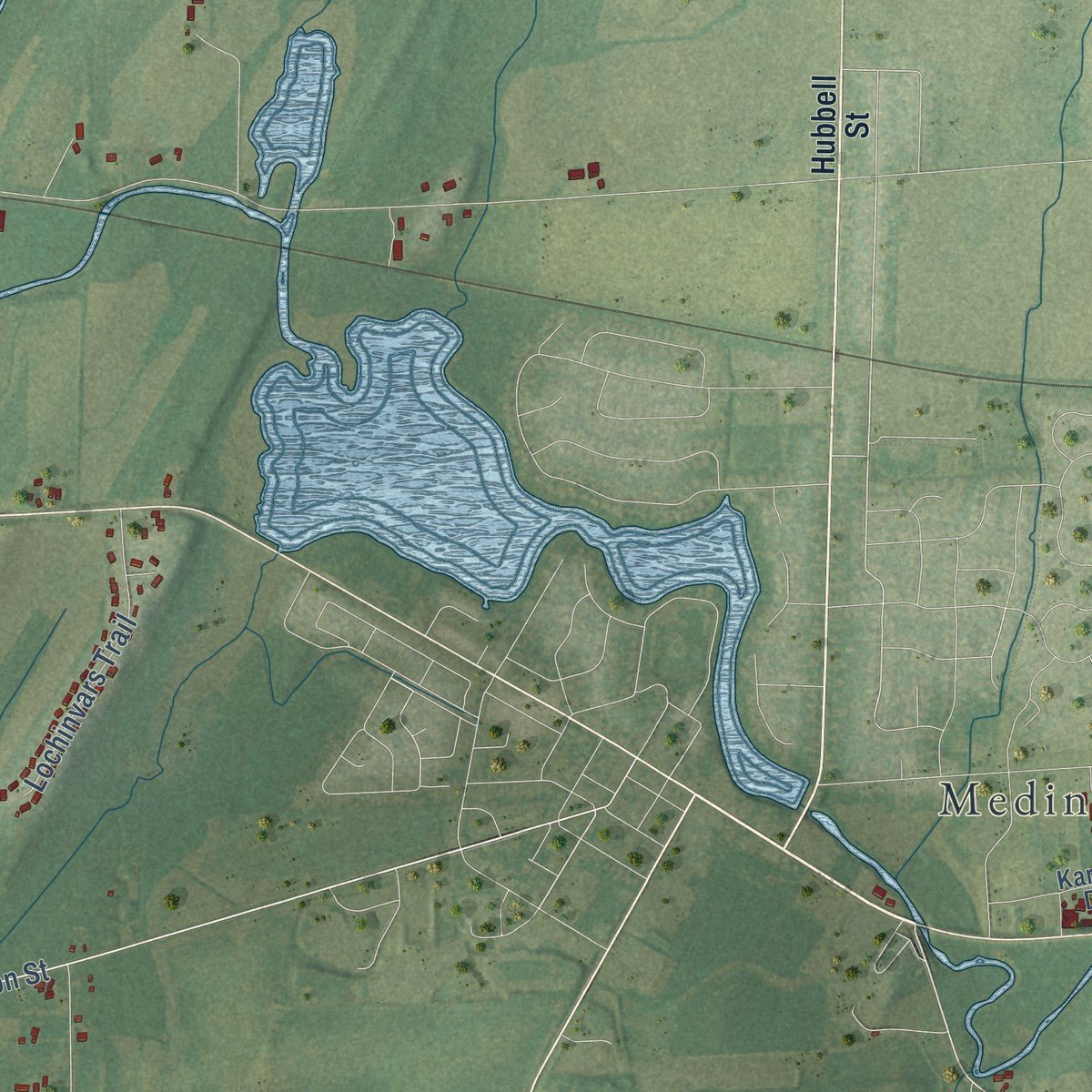 Close-up of the map of Medina, Wisconsin print showing street and building detail