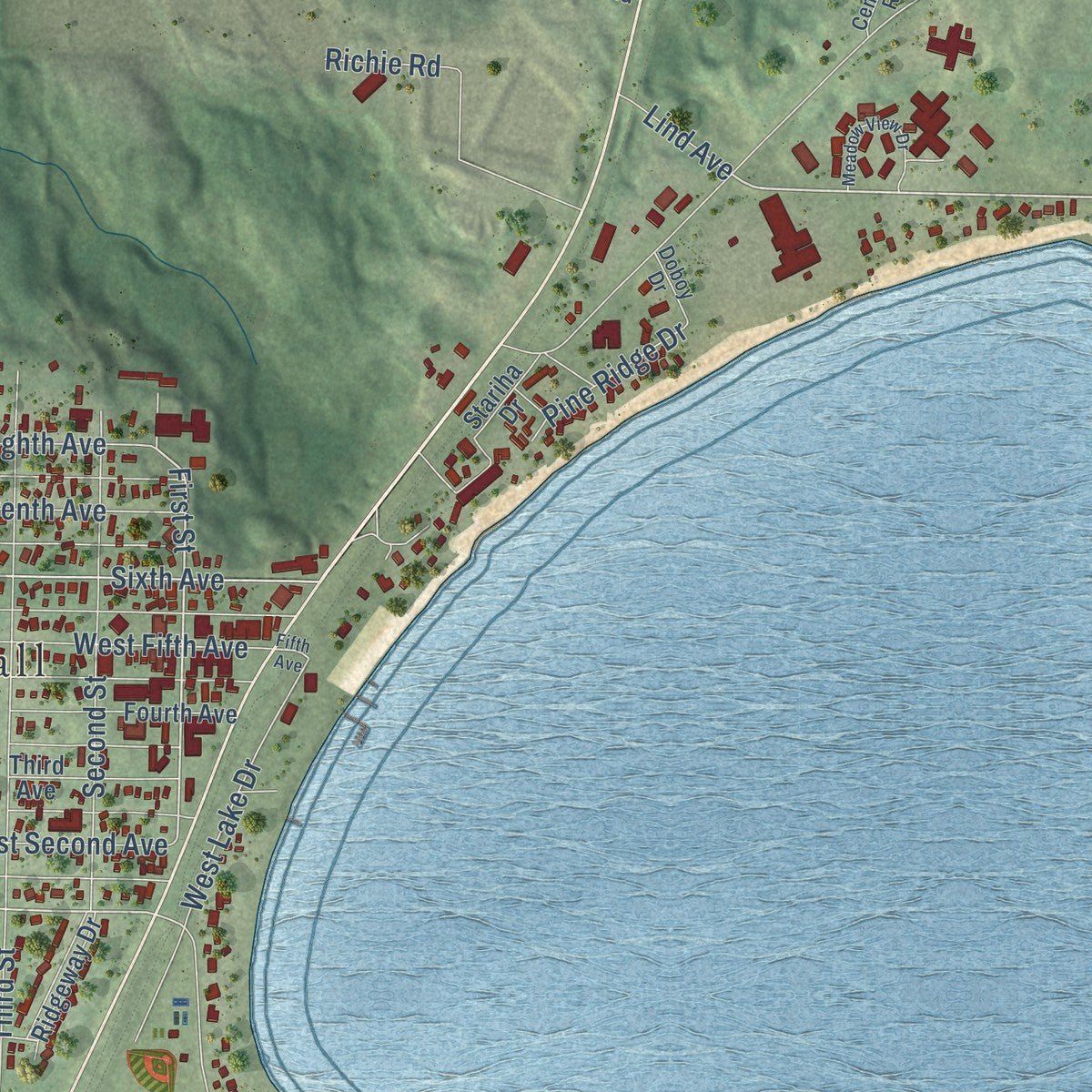 Close-up of the map of Shell Lake, Wisconsin print showing street and building detail