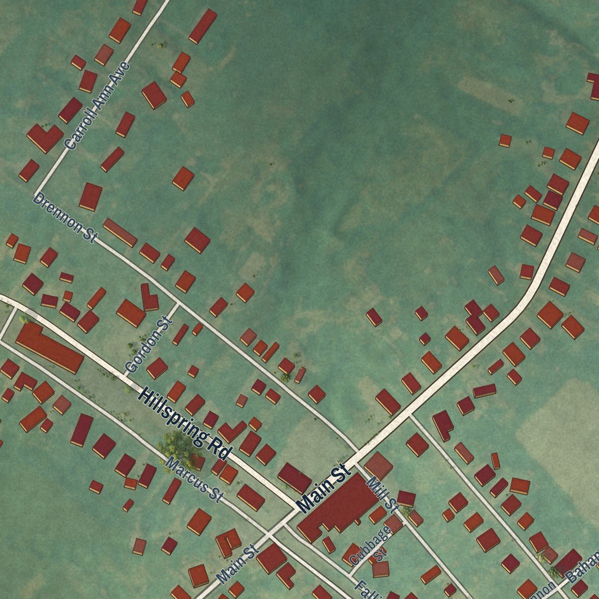 Close-up of the map of Pleasureville, Kentucky print showing street and building detail