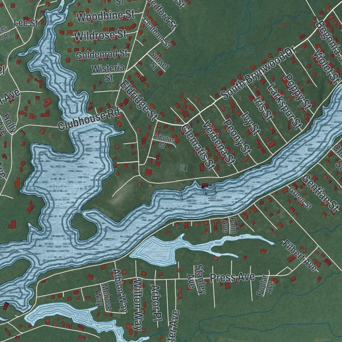 Close-up of the map of Browns Mills, New Jersey print showing street and building detail
