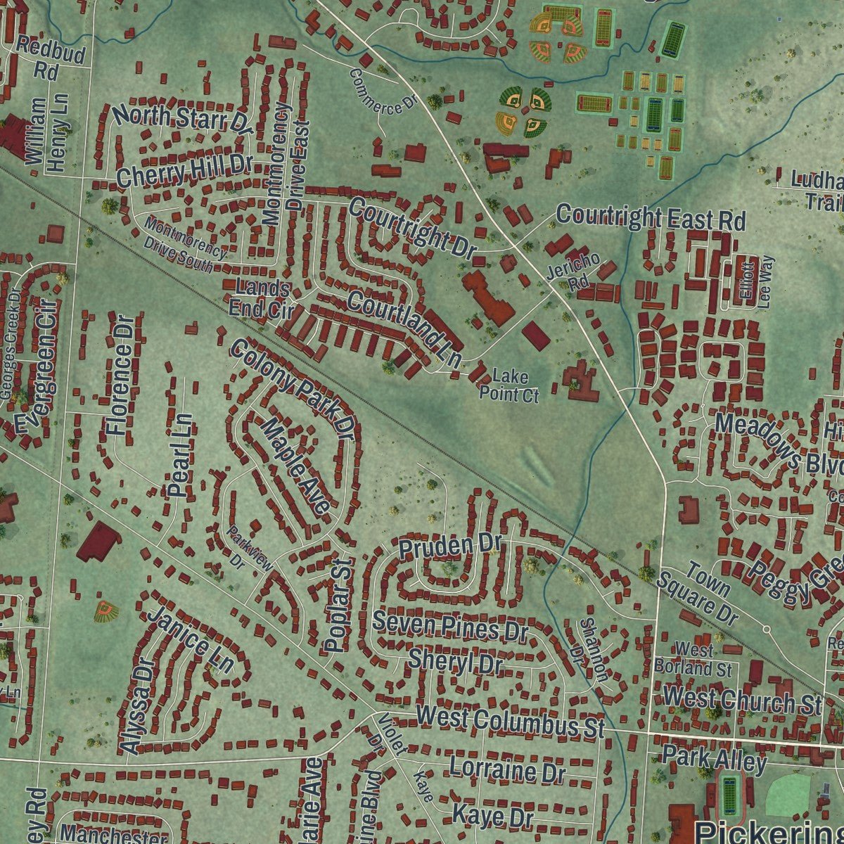 Close-up of the map of Pickerington, Ohio print showing street and building detail