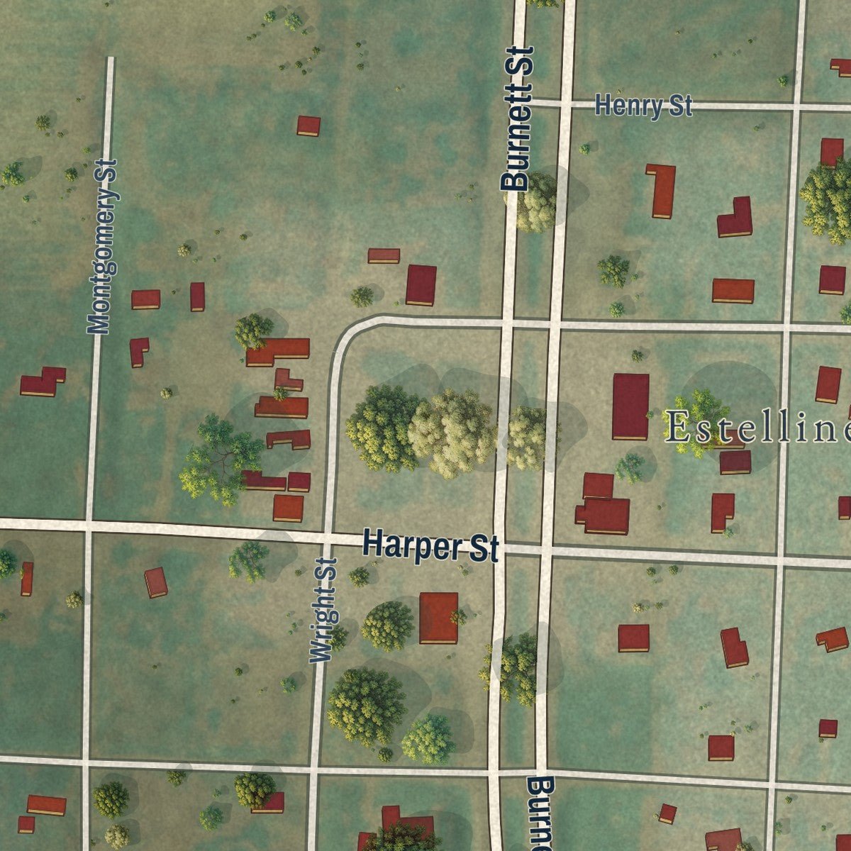 Close-up of the map of Estelline, Texas print showing street and building detail