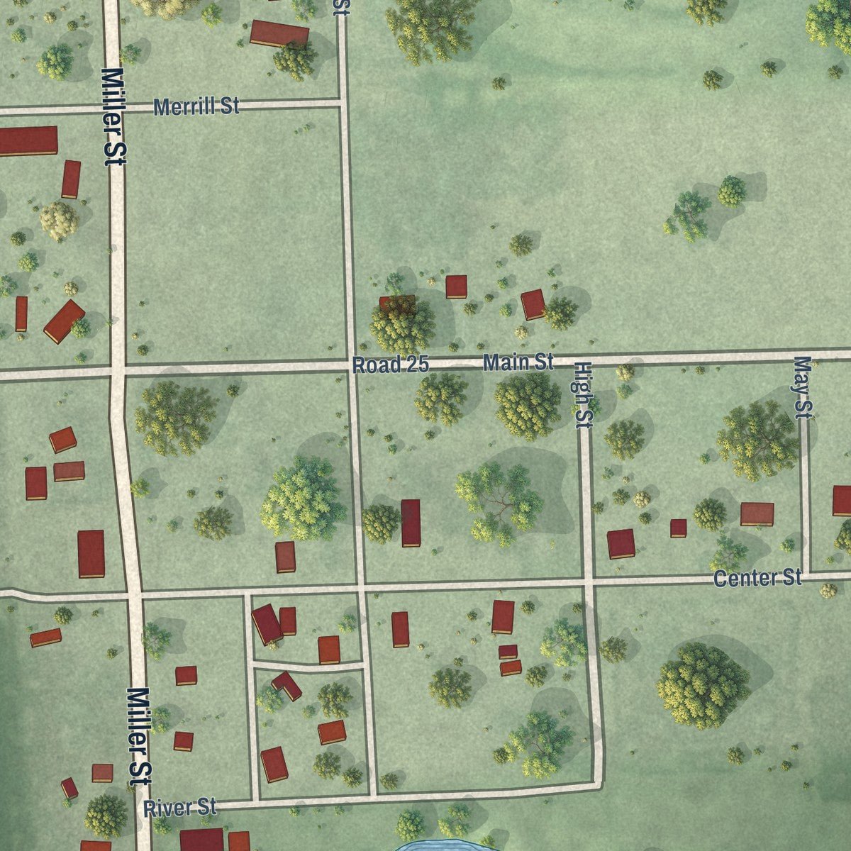Close-up of the map of Surprise, Nebraska print showing street and building detail