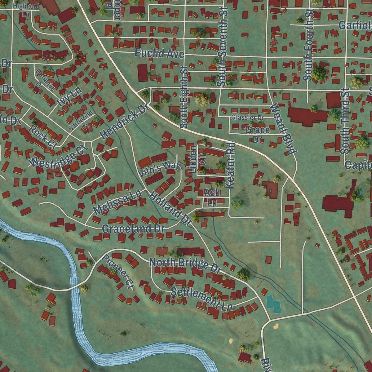 Close-up of the map of Carbondale, Colorado print showing street and building detail