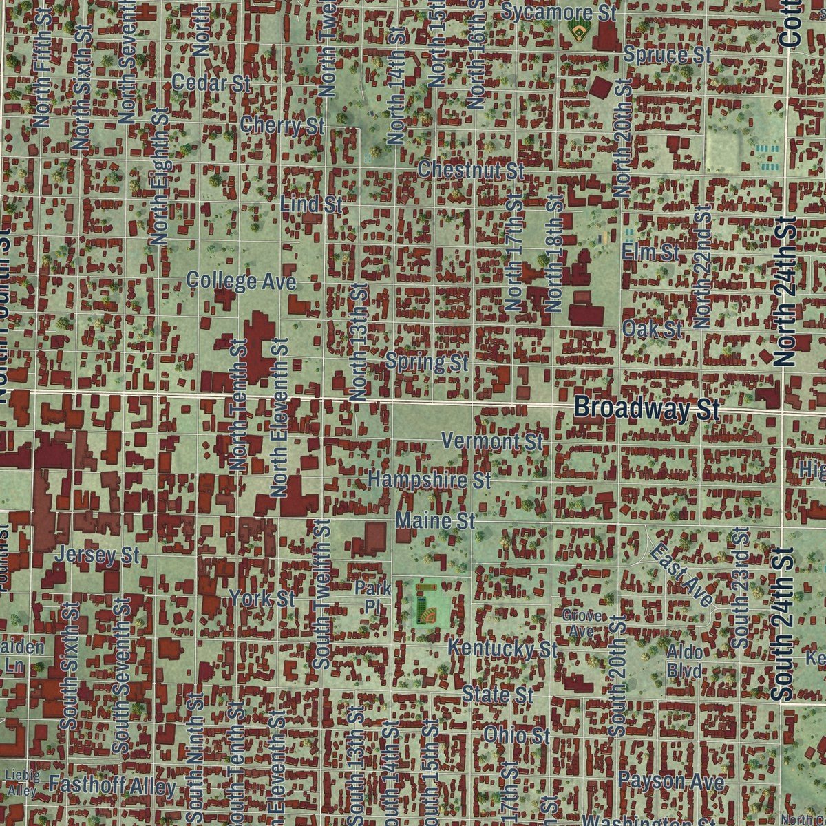 Close-up of the map of Quincy, Illinois print showing street and building detail
