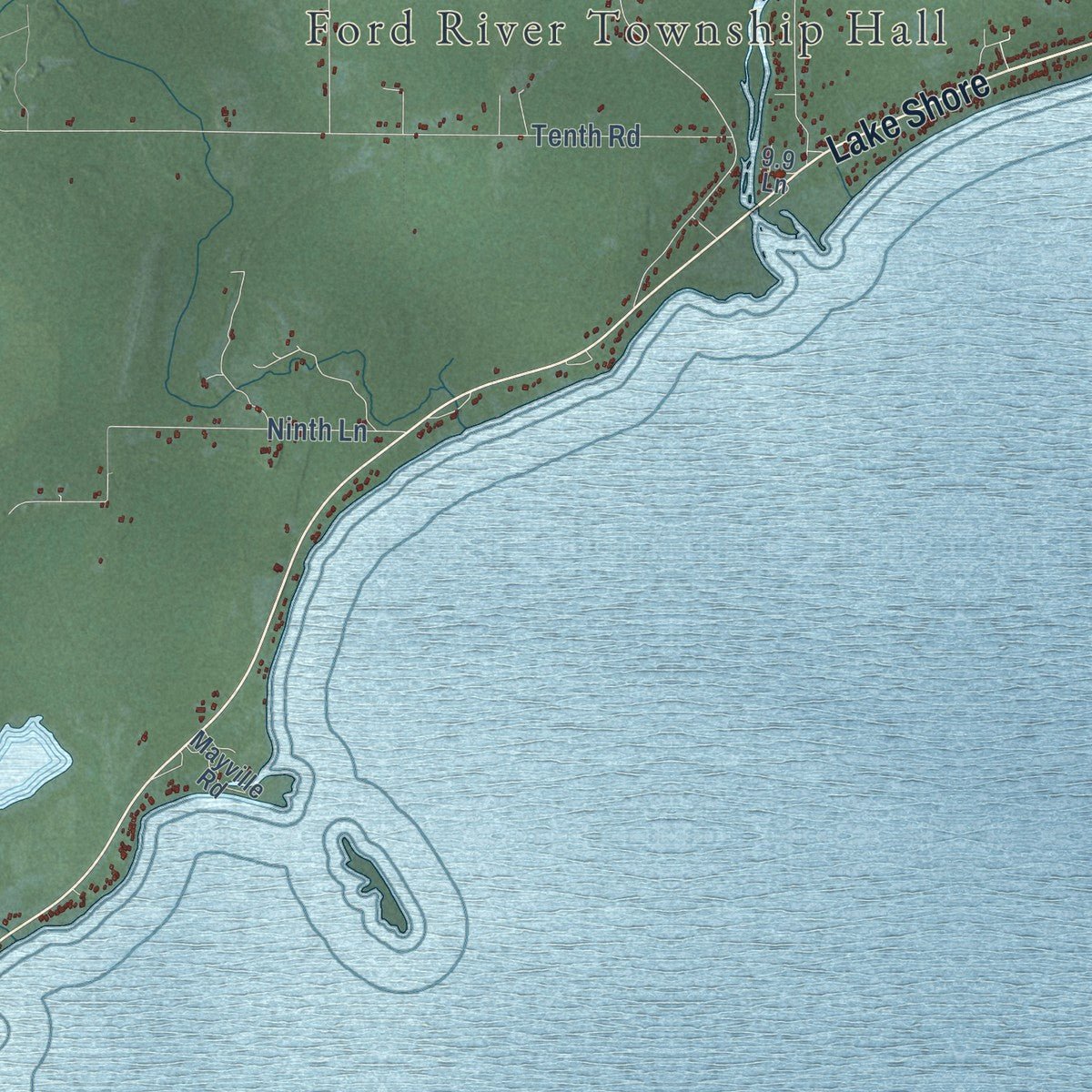 Close-up of the map of Ford River, Michigan print showing street and building detail
