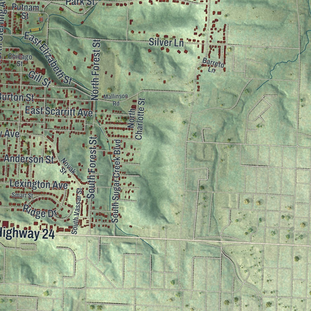 Close-up of the map of Sugar Creek, Missouri print showing street and building detail