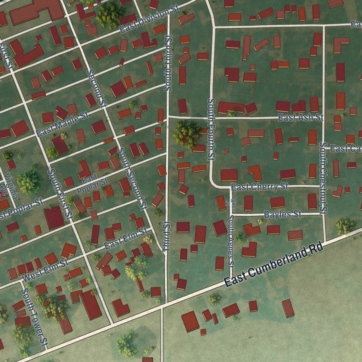 Close-up of the map of Brownstown, Illinois print showing street and building detail