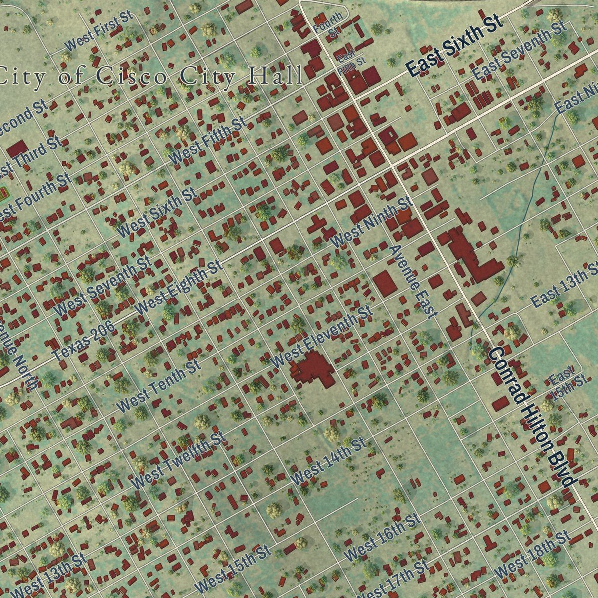 Close-up of the map of Cisco, Texas print showing street and building detail