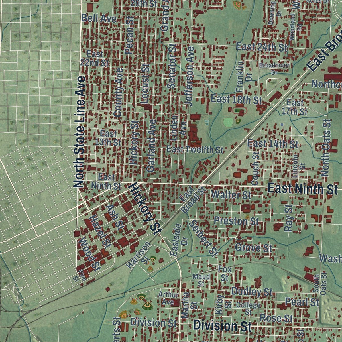 Close-up of the map of Texarkana, Arkansas print showing street and building detail