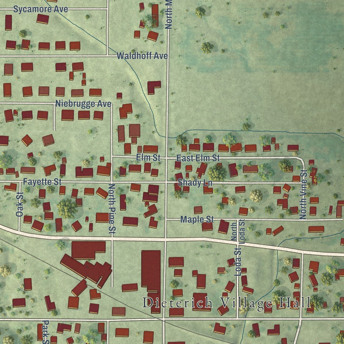 Close-up of the map of Dieterich, Illinois print showing street and building detail