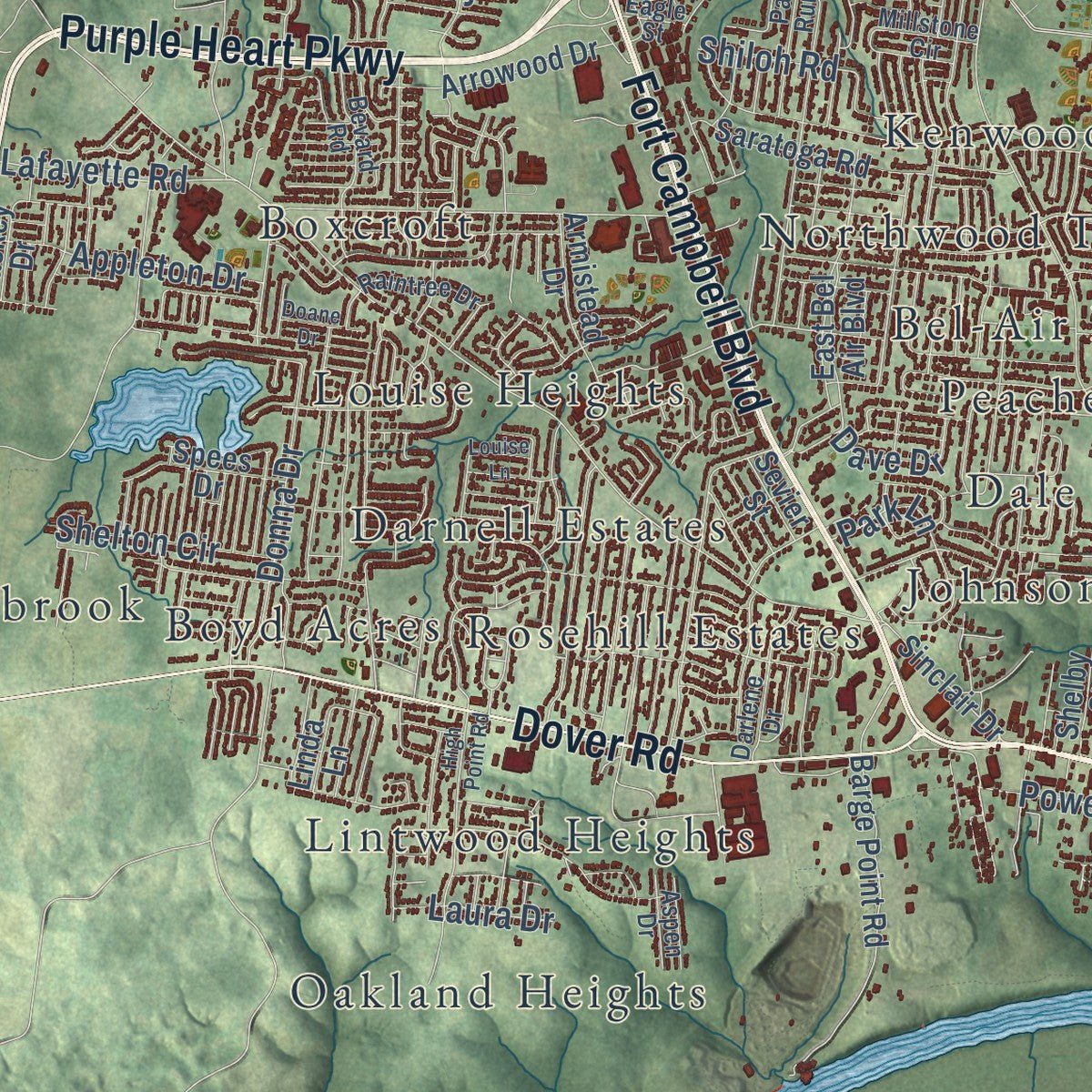 Close-up of the map of Clarksville, Tennessee print showing street and building detail