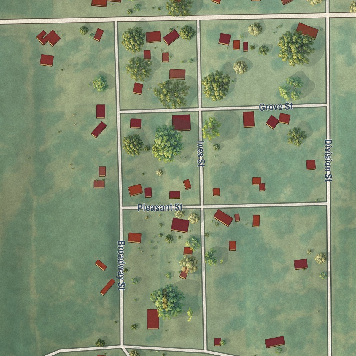 Close-up of the map of Kinross, Iowa print showing street and building detail