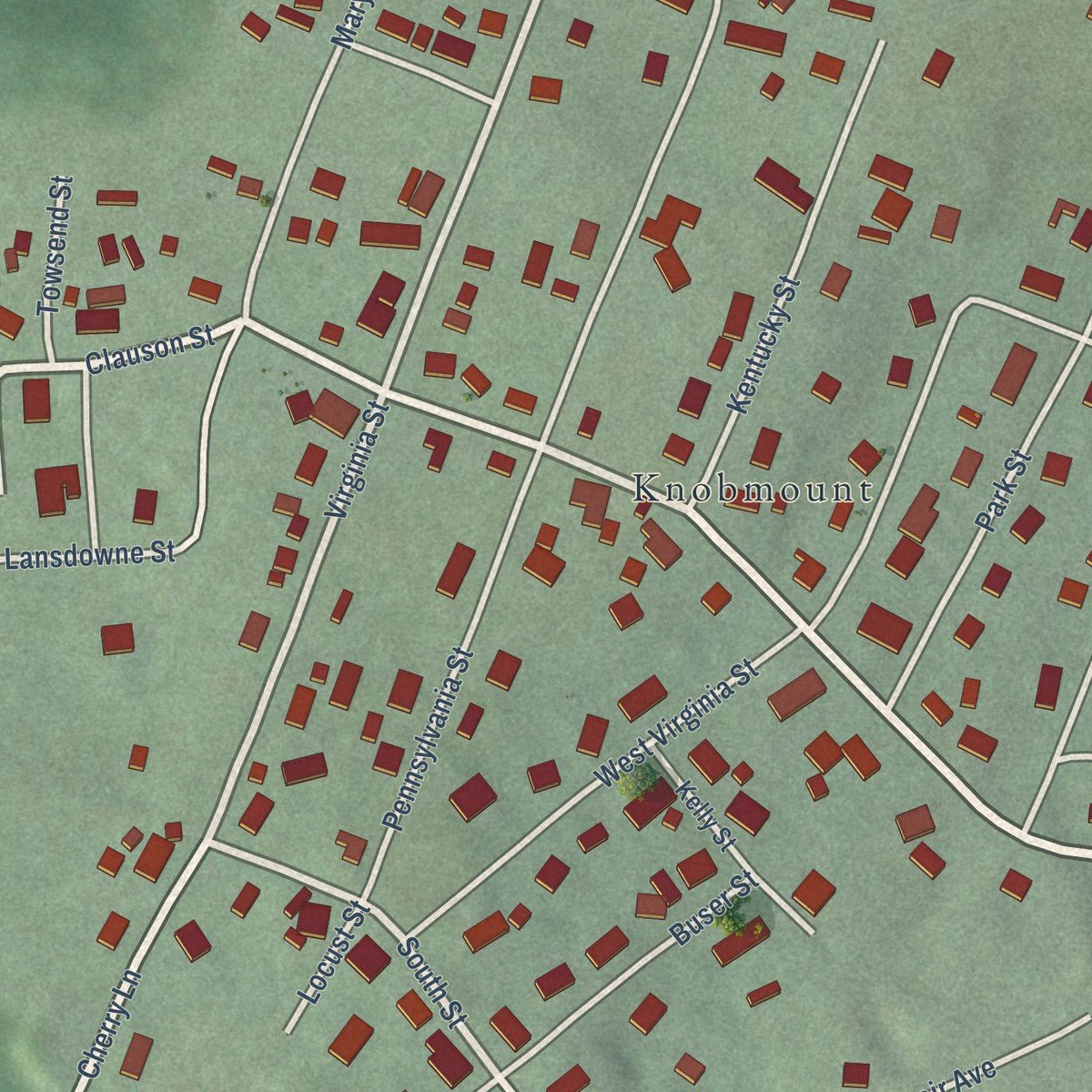 Close-up of the map of Carpendale, West Virginia print showing street and building detail