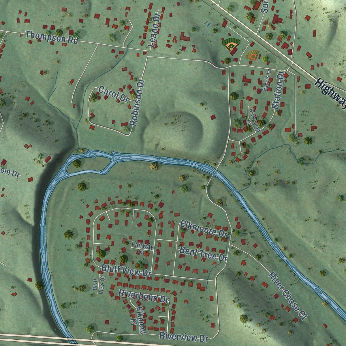 Close-up of the map of Pegram, Tennessee print showing street and building detail