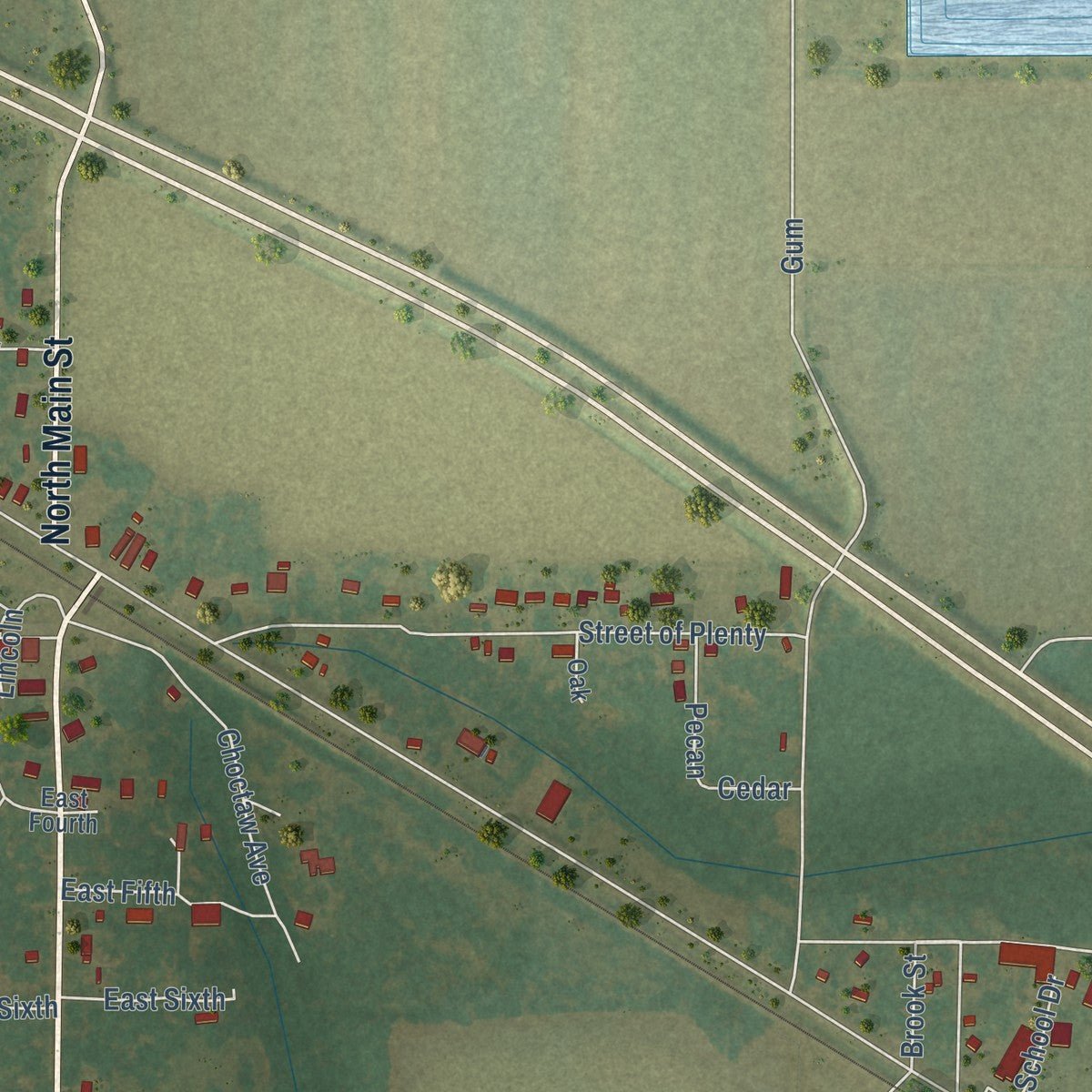 Close-up of the map of Grady, Arkansas print showing street and building detail