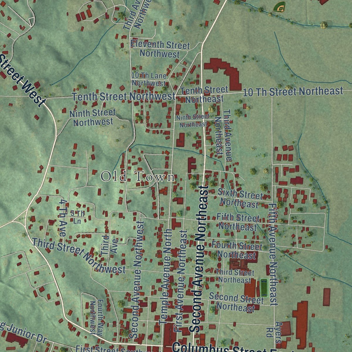 Close-up of the map of Fayette, Alabama print showing street and building detail