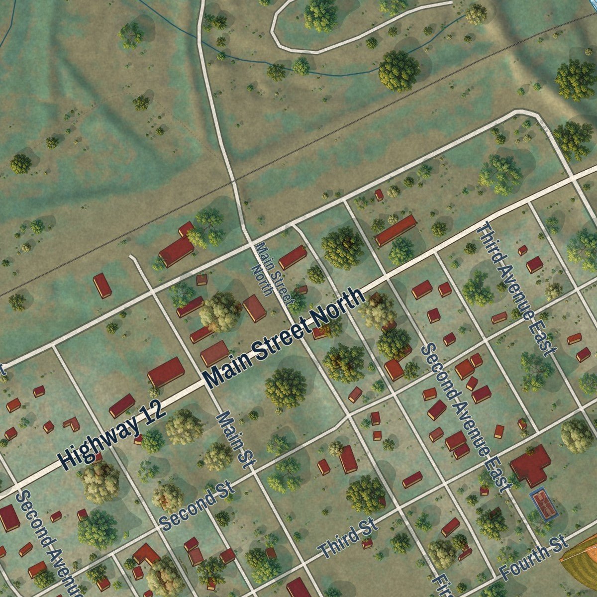 Close-up of the map of Marmarth, North Dakota print showing street and building detail