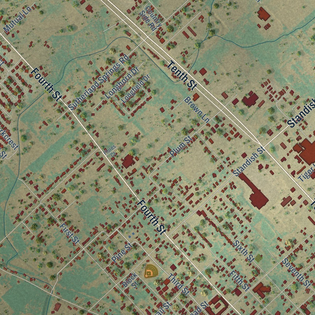 Close-up of the map of Floresville, Texas print showing street and building detail