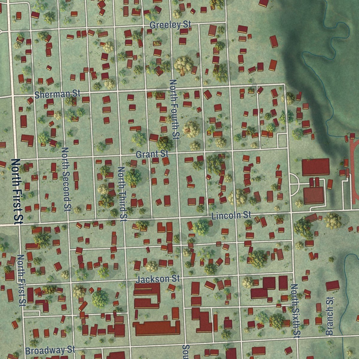 Close-up of the map of Tecumseh, Nebraska print showing street and building detail