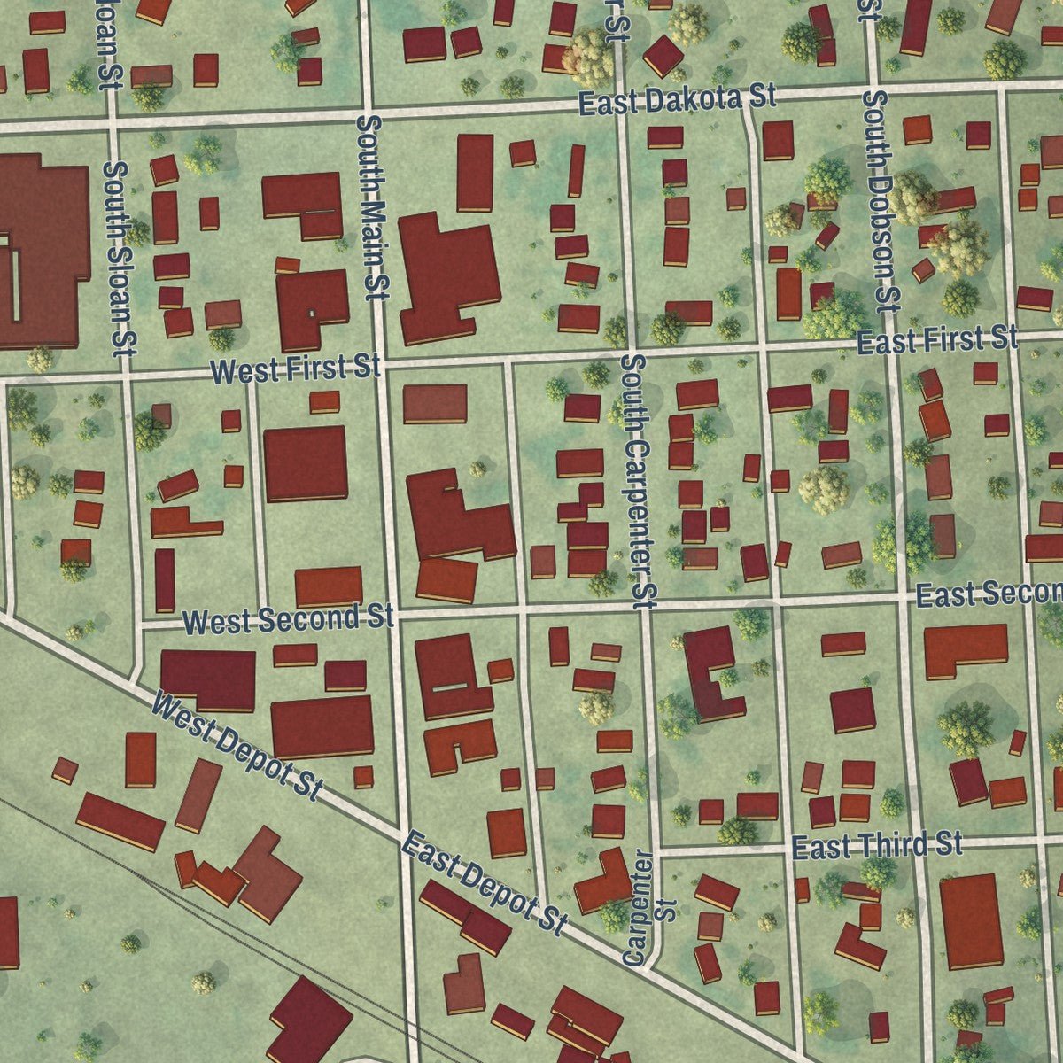 Close-up of the map of Tripp, South Dakota print showing street and building detail