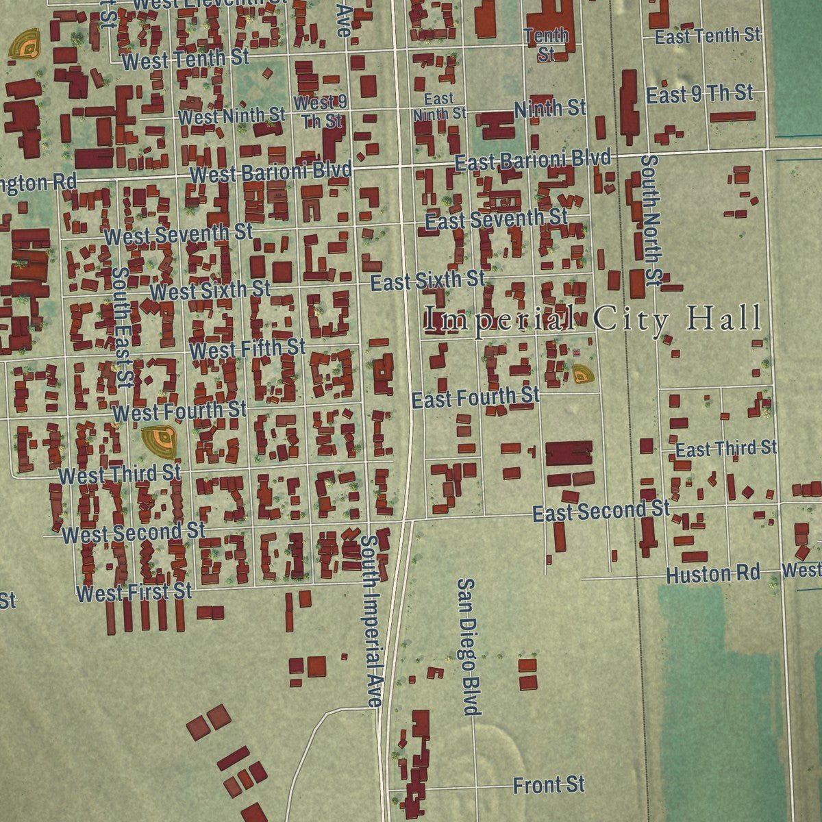 Close-up of the map of Imperial, California print showing street and building detail