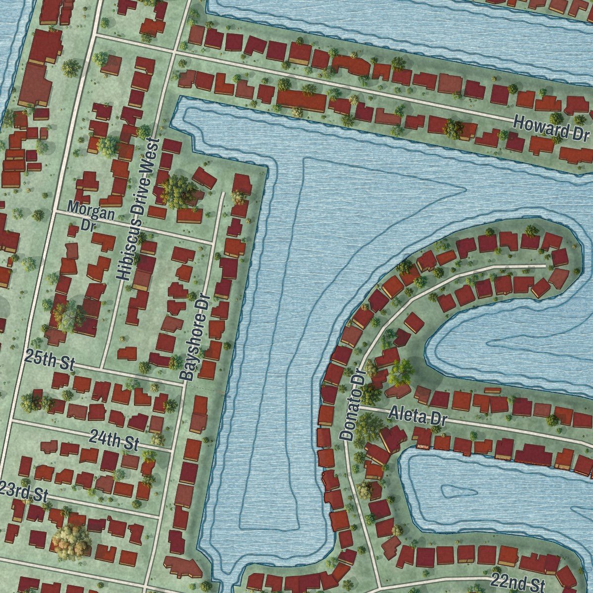 Close-up of the map of Belleair Beach, Florida print showing street and building detail