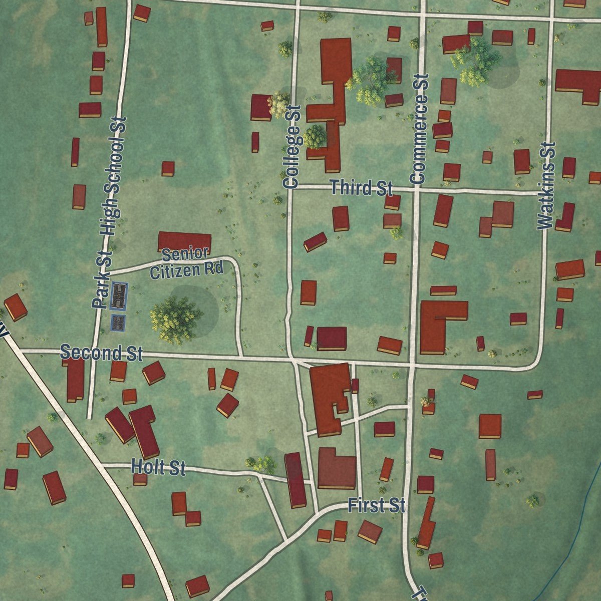 Close-up of the map of Hardin, Kentucky print showing street and building detail