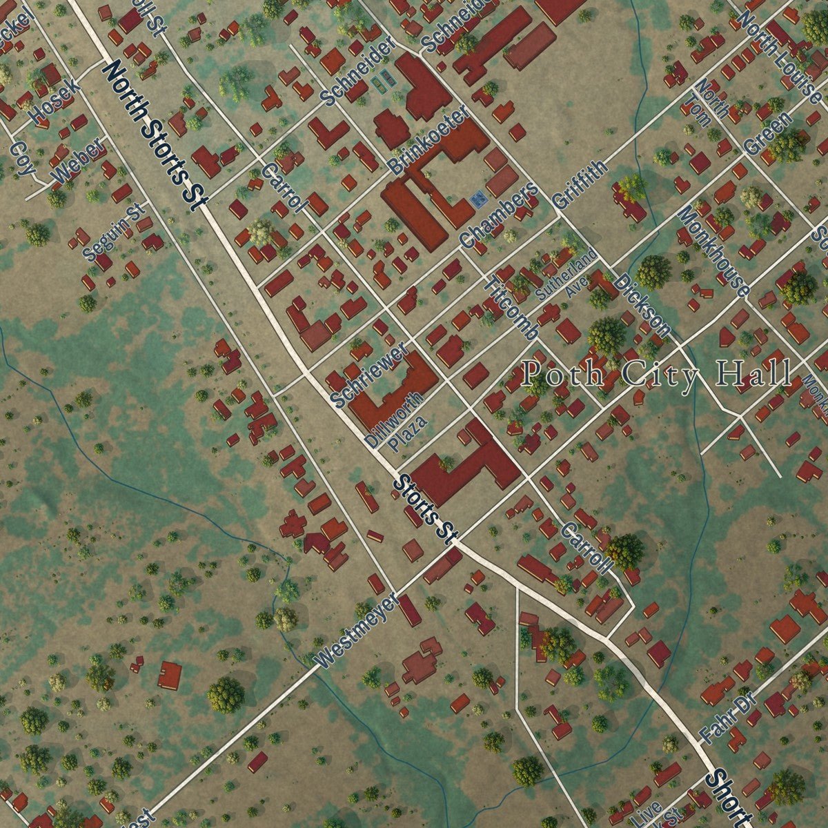 Close-up of the map of Poth, Texas print showing street and building detail