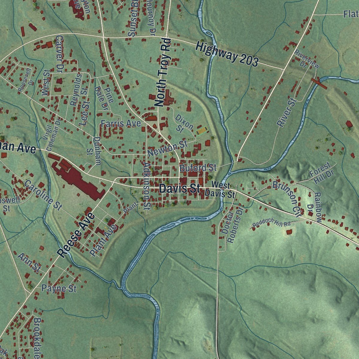 Close-up of the map of Elba, Alabama print showing street and building detail