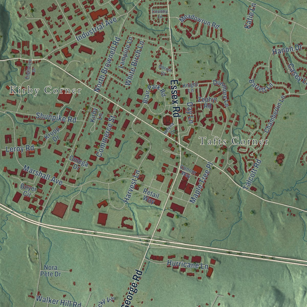 Close-up of the map of Williston, Vermont print showing street and building detail