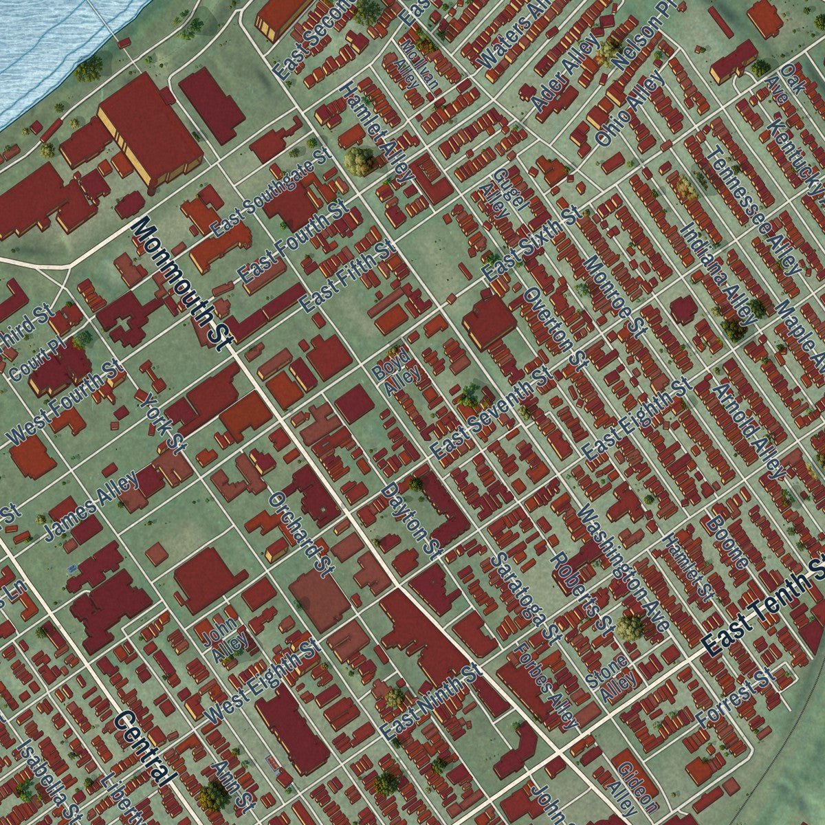 Close-up of the map of Newport, Kentucky print showing street and building detail
