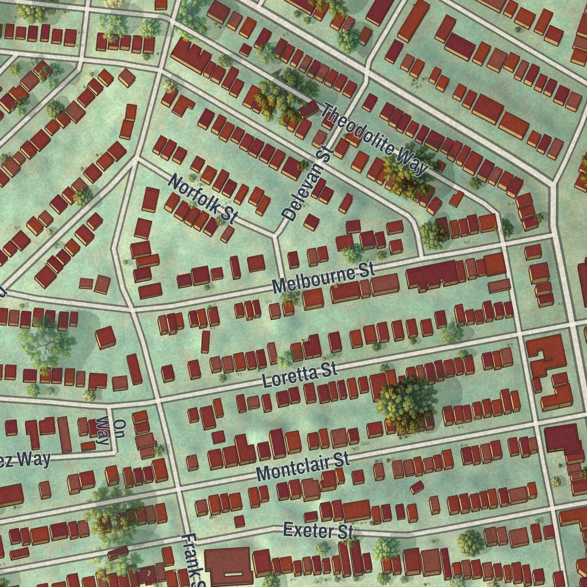 Close-up of the map of Greenfield, Pennsylvania print showing street and building detail