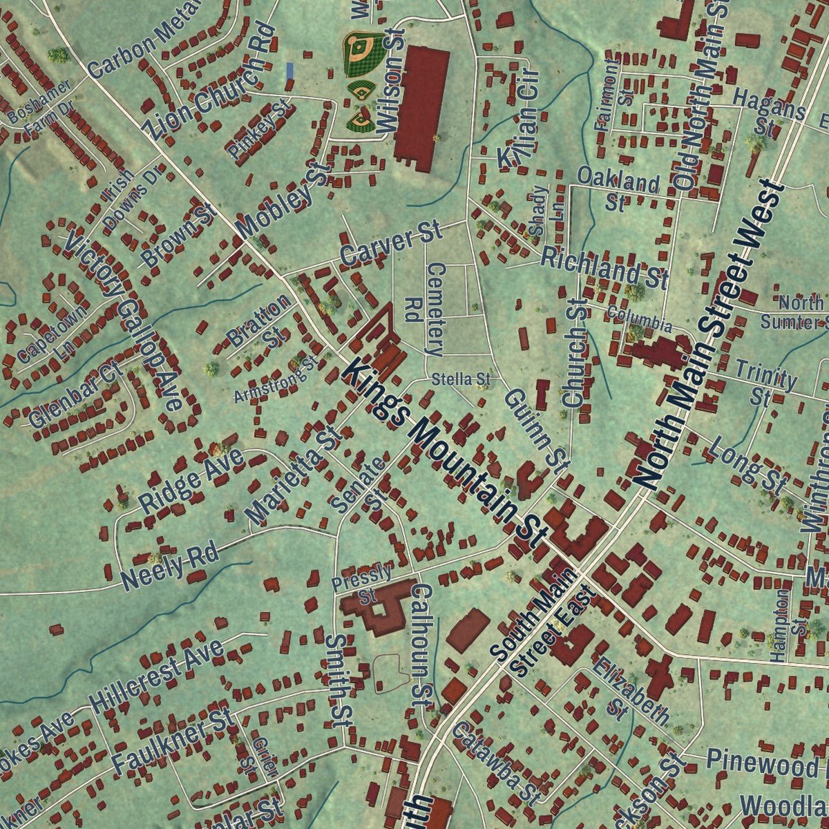 Close-up of the map of Clover, South Carolina print showing street and building detail