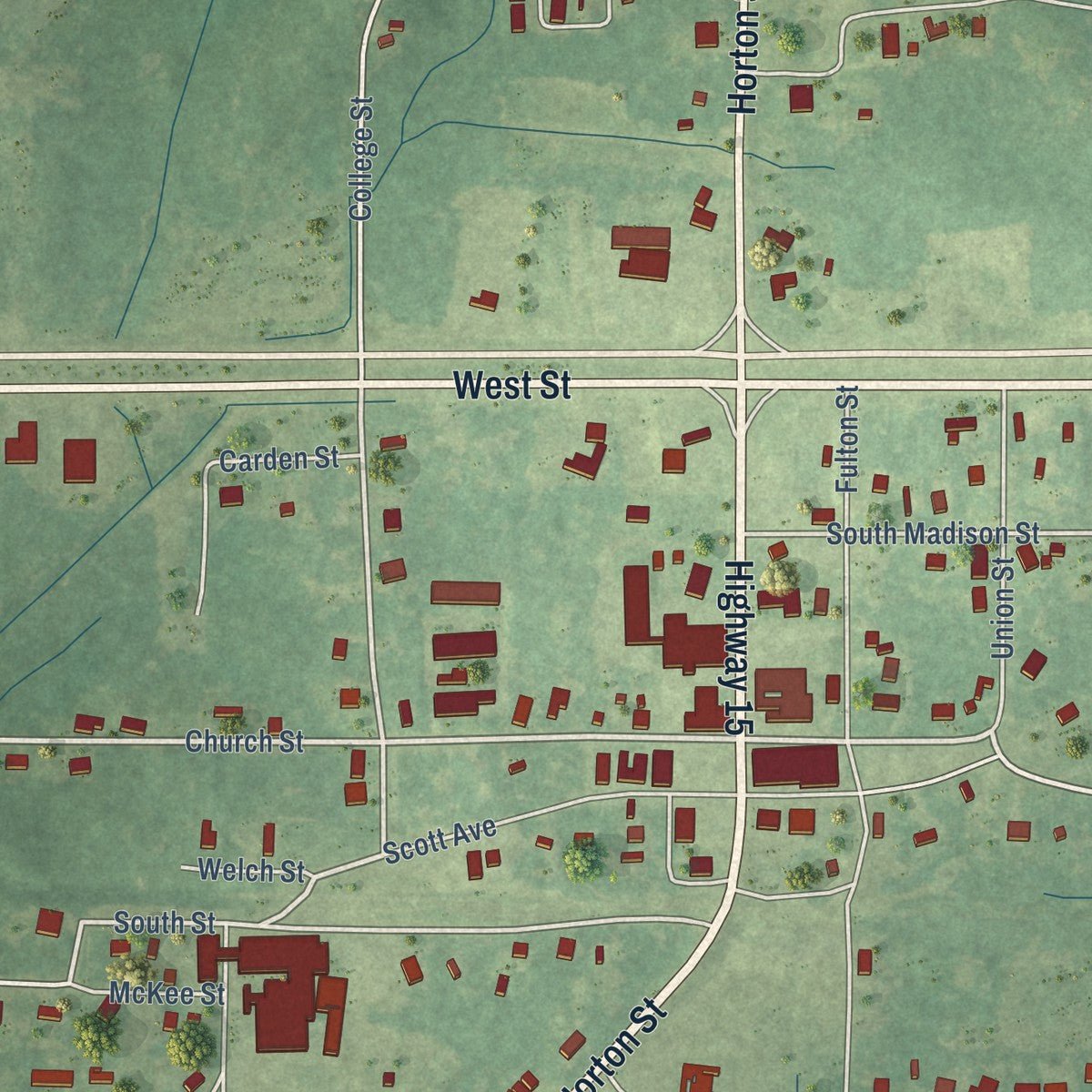 Close-up of the map of Mathiston, Mississippi print showing street and building detail