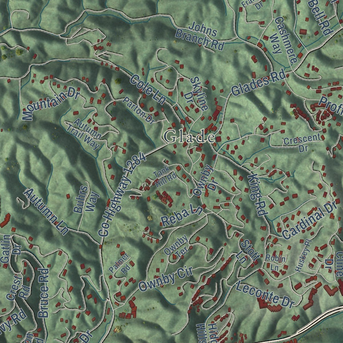 Close-up of the map of Gatlinburg, Tennessee print showing street and building detail