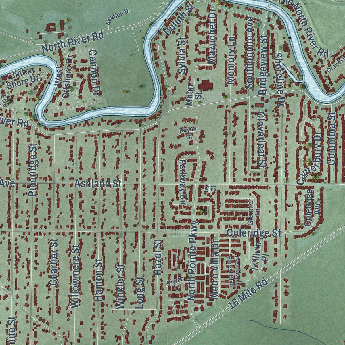 Close-up of the map of Harrison, Macomb County, Michigan print showing street and building detail
