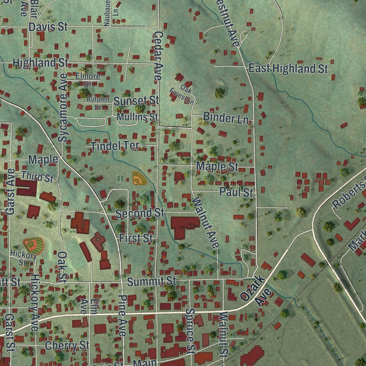 Close-up of the map of Cabool, Missouri print showing street and building detail