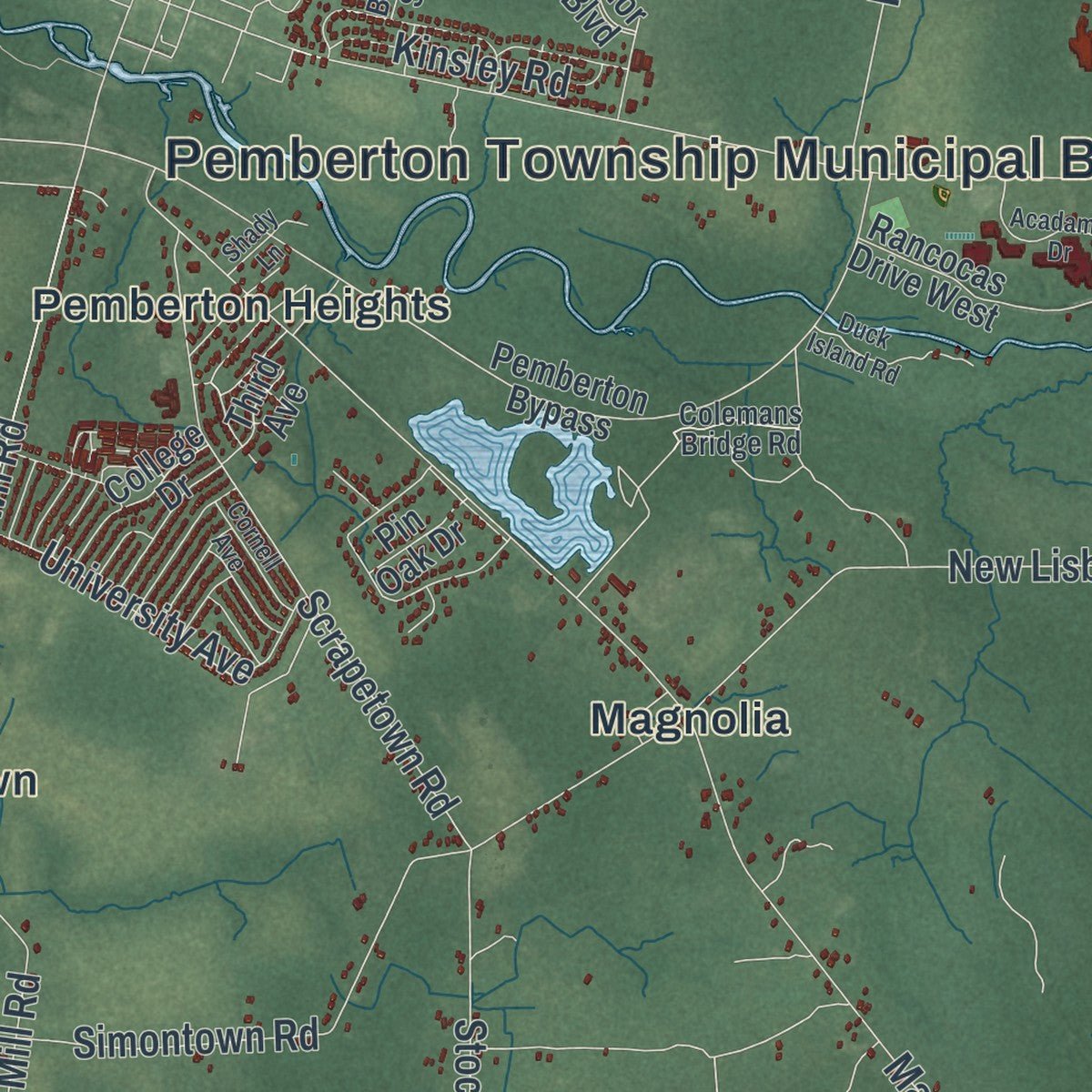 Close-up of the map of Pemberton, Burlington County, New Jersey print showing street and building detail