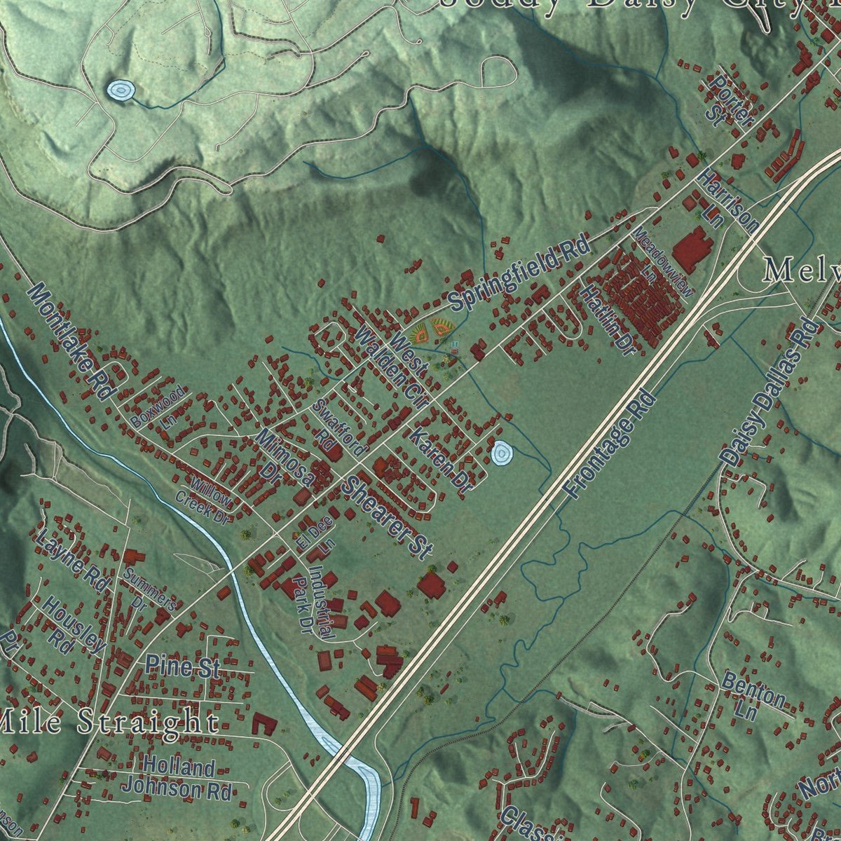 Close-up of the map of Soddy-Daisy, Tennessee print showing street and building detail