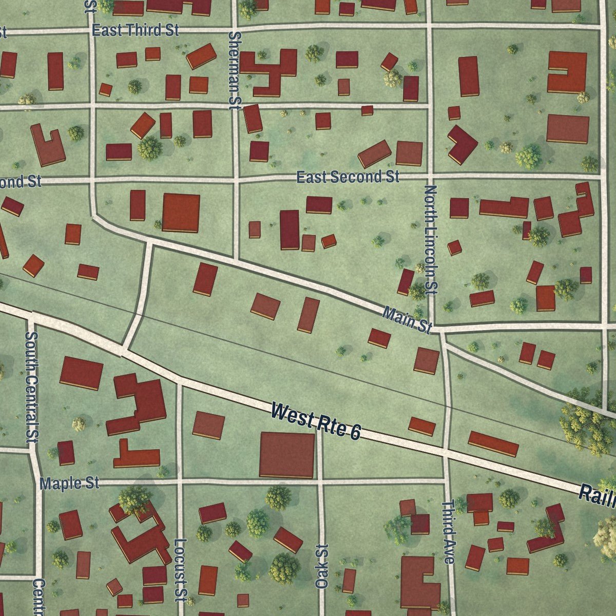 Close-up of the map of Mineral, Illinois print showing street and building detail